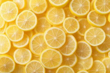 Obraz premium Top-down view of freshly cut lemon slices covering the entire frame, emphasizing their juicy interior, natural texture, and bright citrusy appeal.