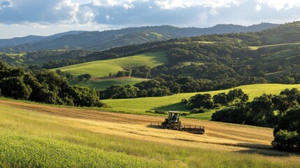 Naklejka premium A tractor working in a lush, rolling landscape under a cloudy sky.