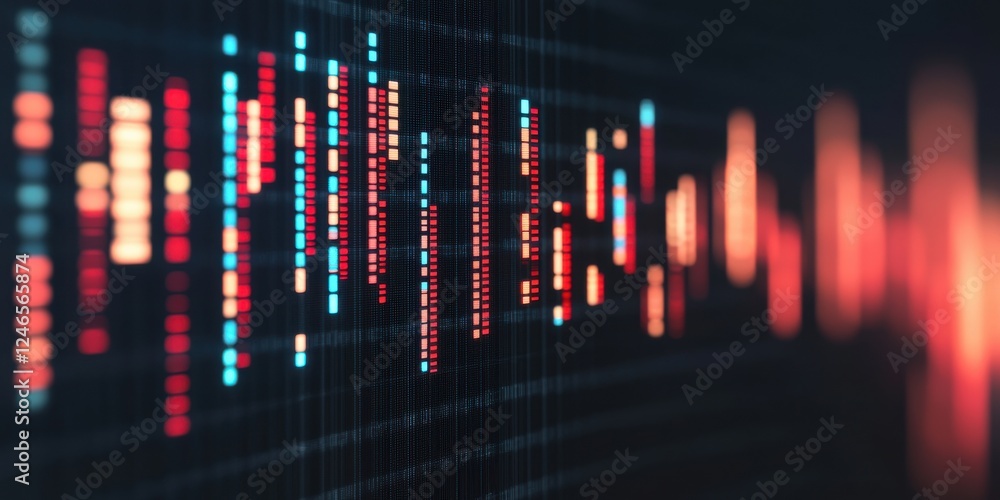 Poster a vibrant visual of digital data represented in colorful vertical bars, suggesting a dynamic analysi