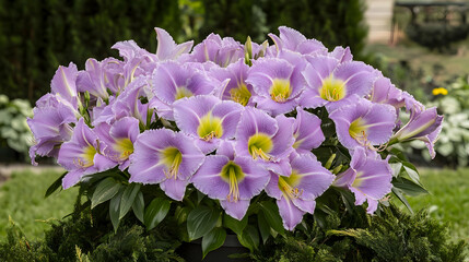 Beautiful purple lilies in a planter, garden setting. Possible use for floral display, gardening inspiration