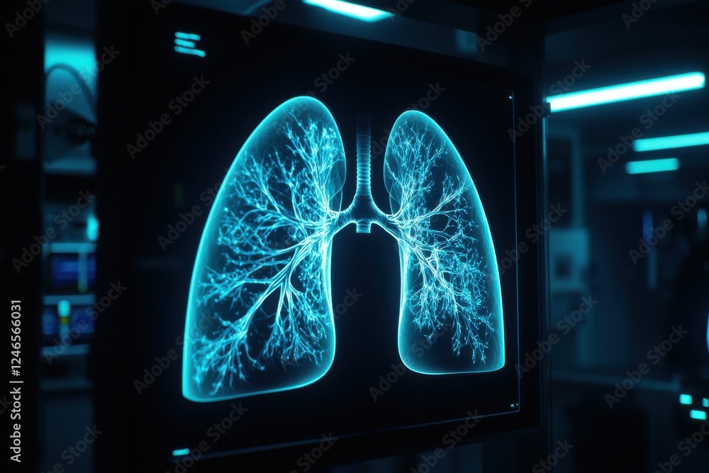 Poster a digital representation of human lungs displayed on a screen, showcasing intricate branching struct