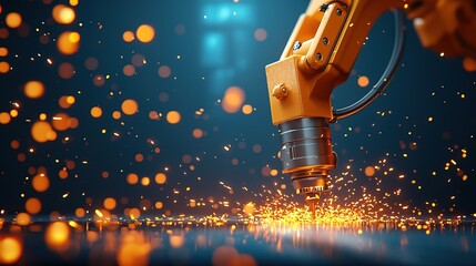 A robotic arm operates in a dynamic environment, creating sparks and showcasing advanced technology in manufacturing.