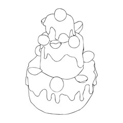Three-tier cake decorated with chocolate candies, sprinkles, and almonds. Vector illustration in doodle style isolated on white background.