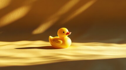 Bright Yellow Rubber Duck on Soft Golden Background with Gentle Shadows and Warm Lighting
