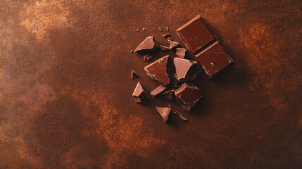 Rich Dark Chocolate on Rustic Background with Broken Pieces and Shimmering Texture