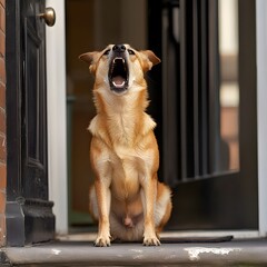 Adorable golden retriever dog barking with open mouth and teeth showing, sitting on the front porch of a home or building entrance.