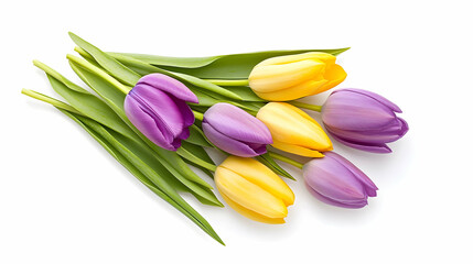 Obraz premium Bouquet of Purple and Yellow Tulips on White Background