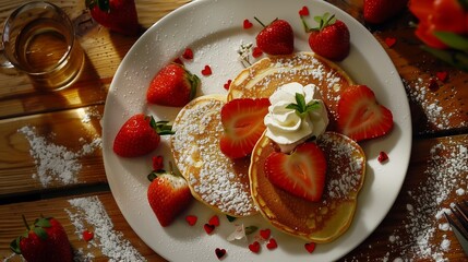 A plate of heart-shaped pancakes with strawberries and whipped cream for a Valentine's breakfast.