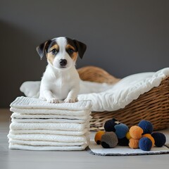 Adorable Jack Russell Terrier Puppy Resting on Soft Towels in Wicker Basket with Colorful Toys. Cozy and Comfortable Indoor Studio Shot of Cute Canine Pet.