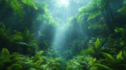 Nature backgrounds with a lush rainforest scene, featuring tall trees and misty air