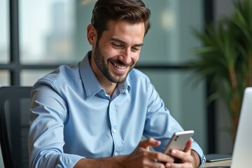 Man is smiling while looking at his cell phone