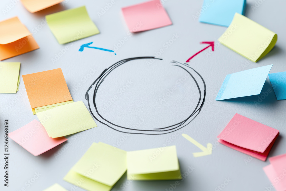 Poster brainstorming session with colorful sticky notes and circular diagram. creative workspace for idea g