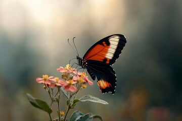 Obraz premium Colorful Butterfly Resting on Delicate Pink Flowers in a Natural Setting with Soft Background Blur