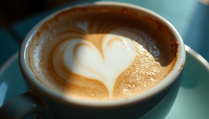 Latte Art Heart Coffee Cup Closeup in Sunlight