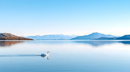 Calm Swan on a Peaceful Lake, Mountain Background, Tranquil Scenery, Peaceful Water, Perfect for Nature Lovers