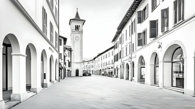 Fototapeta Calm street view featuring a clock tower in a peaceful town square, showcasing architecture and a quiet atmosphere, suitable for travel