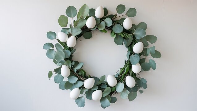 Minimalist Easter wreath of eucalyptus leaves and white eggs on a white wall