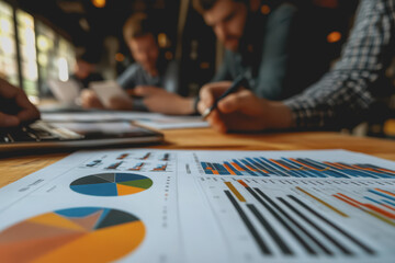Business people in a meeting analyze data, graphs, and charts to plan marketing in the office.