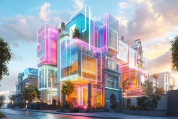 Modern architectural design blends nature and technology in a vibrant urban landscape