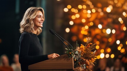A confident woman delivering a heartfelt speech at a podium, with warm golden lights and autumn-inspired floral decorations in the background