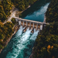 Aerial view of a large hydroelectric dam spanning a rushing river in a picturesque mountainous landscape with lush forests, creating a scenic reservoir and cascading waterfall.