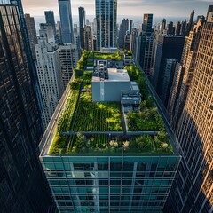 Aerial view of a stunning rooftop oasis in the heart of a thriving metropolitan city, showcasing a beautifully landscaped garden and green space amidst the towering glass and steel skyscrapers.