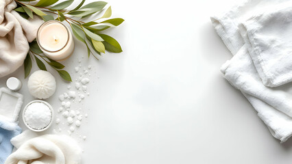 Spa and Relaxation Scene with Candles, Towels, and Natural Elements

