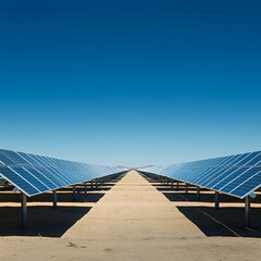 Aerial view of an expansive solar power farm with rows of photovoltaic solar panels stretching out across a vast landscape under a bright, clear blue sky - a symbol of sustainable.