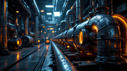 Fototapeta premium Industry setting with machinery and pipes, illuminated by glowing yellow lights.