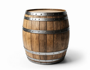 Obraz premium A wooden barrel with metal rings isolated on white background. 