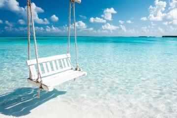 A tropical paradise scene with a swing hanging from a palm tree over crystal-clear water