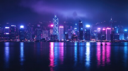 Fototapeta premium Stunning Night Cityscape of Hong Kong Skyline with Colorful Lights Reflecting on Water Surface