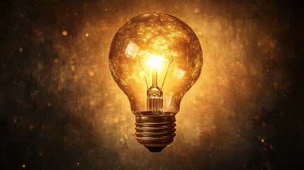 Glowing Light Bulb with Radiant Aura and Golden Background for Creative Inspiration and Energy Concepts