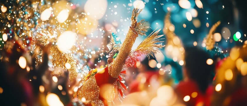 A vibrant carnival dancer is enveloped in sparkling confetti, capturing the essence of joy and celebration.