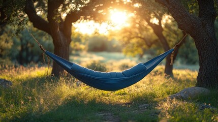Obraz premium A tranquil hammock suspended between trees at sunset, inviting relaxation in nature.