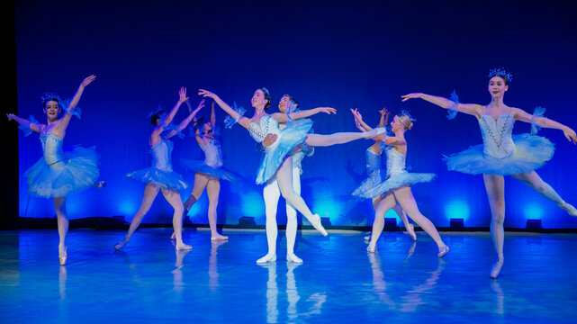 Ballet dancers perform gracefully on stage in blue tutus against a vibrant blue backdrop. The Nutcracker, Bainbridge Island, USA