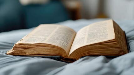 Fototapeta premium Open book with yellowed pages on bed