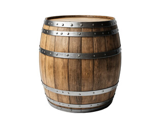 Obraz premium A wooden barrel with metal rings isolated on transparent background. 