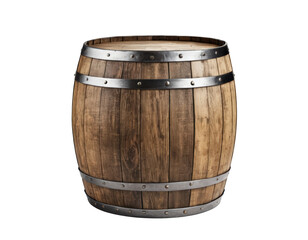 Obraz premium A wooden barrel with metal rings isolated on transparent background. 