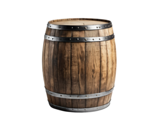 A wooden barrel with metal rings isolated on transparent background. 