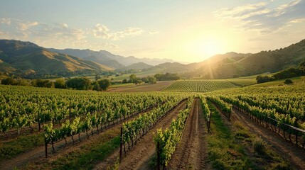 Fototapeta premium Serene Vineyard Landscape at Sunrise with Rolling Hills and Bright Sunlight Over Green Vines in the Morning