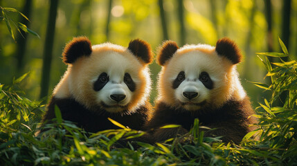 Obraz premium Pandas lounging under the shade of tall bamboo stalks on a sunny day