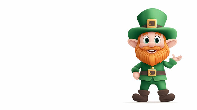 Cartoon leprechaun character presenting, isolated on white background, for festive design or children's illustration