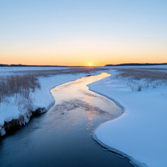 Naklejka premium serene winter landscape featuring winding river surrounded by snow covered fields and vibrant sunset. tranquil scene evokes sense of peace and natural beauty