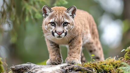 Fototapeta premium Cougar stares intently, forest background, wildlife photography