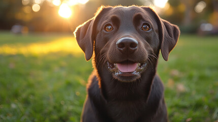 Pets, like a playful Labrador retriever fetching a stick in a grassy park