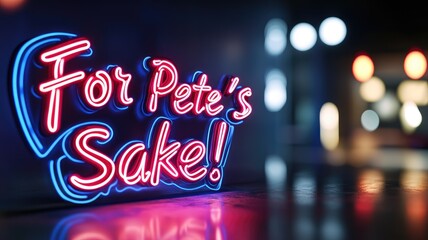 Neon sign with phrase "For Pete's Sake!" in vibrant setting