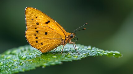 Fototapeta premium Macro Shot of Vibrant Yellow Butterfly Resting on Dewy Green Leaf in Lush Nature Environment