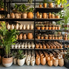 Assortment of various ceramic and clay flowerpots, planters, and vases displaying different types of potted plants, succulents, and greenery on wooden shelves in a cozy home decor setting.