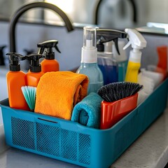 Assortment of various cleaning supplies including bottles, sprays, brushes, sponges, and towels organized neatly in a blue storage container on a kitchen or bathroom countertop.